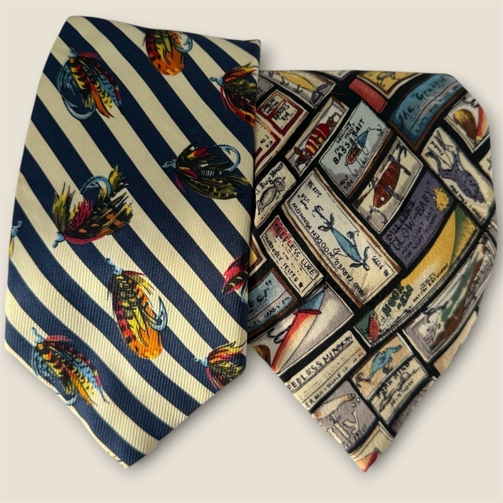 Vintage set of two nautical fishing Striped and Graphic Patterned Men's Ties